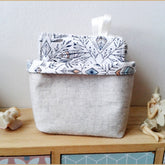 Cloth baby wipes storage basket, gray linen, white floral print, with ribbon handle