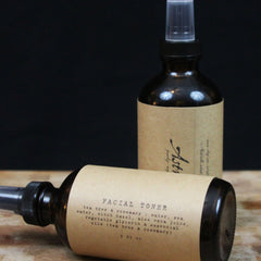 Facial toner spray bottles, brown glass with tan labels, Kathryn Arielle brand