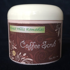 Coffee scrub jar with white lid, brown patterned label, and "Forest Hills Remedies" text
