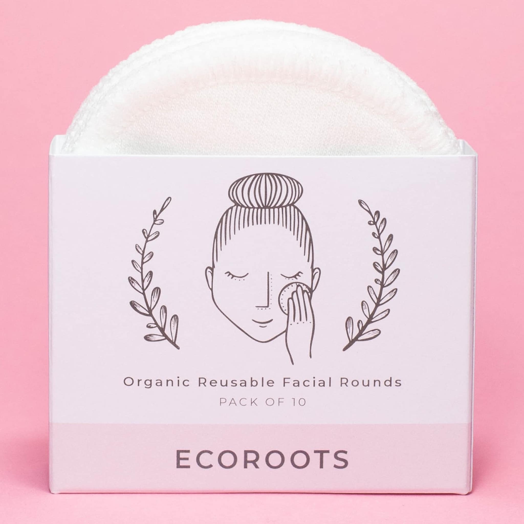 Reusable cotton rounds, white cotton rounds in a box, EcoRoots branding visible