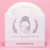 Reusable cotton rounds, white cotton rounds in a box, EcoRoots branding visible
