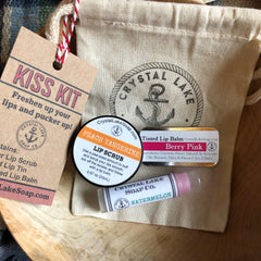 Lip care kit with brown tag, beige bag, and Crystal Lake Soap Co. branding