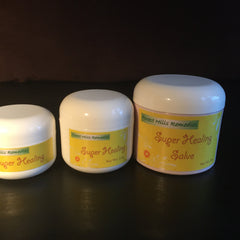 Salves in white jars with yellow labels, "Super Healing" text, and "Forest Hills Remedies" brand name