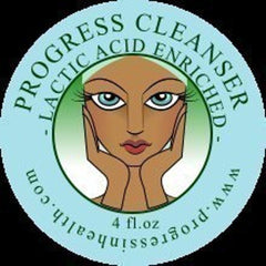 Progress Cleanser logo with blue and green circular design, illustration of a face with hands, and brand name text.