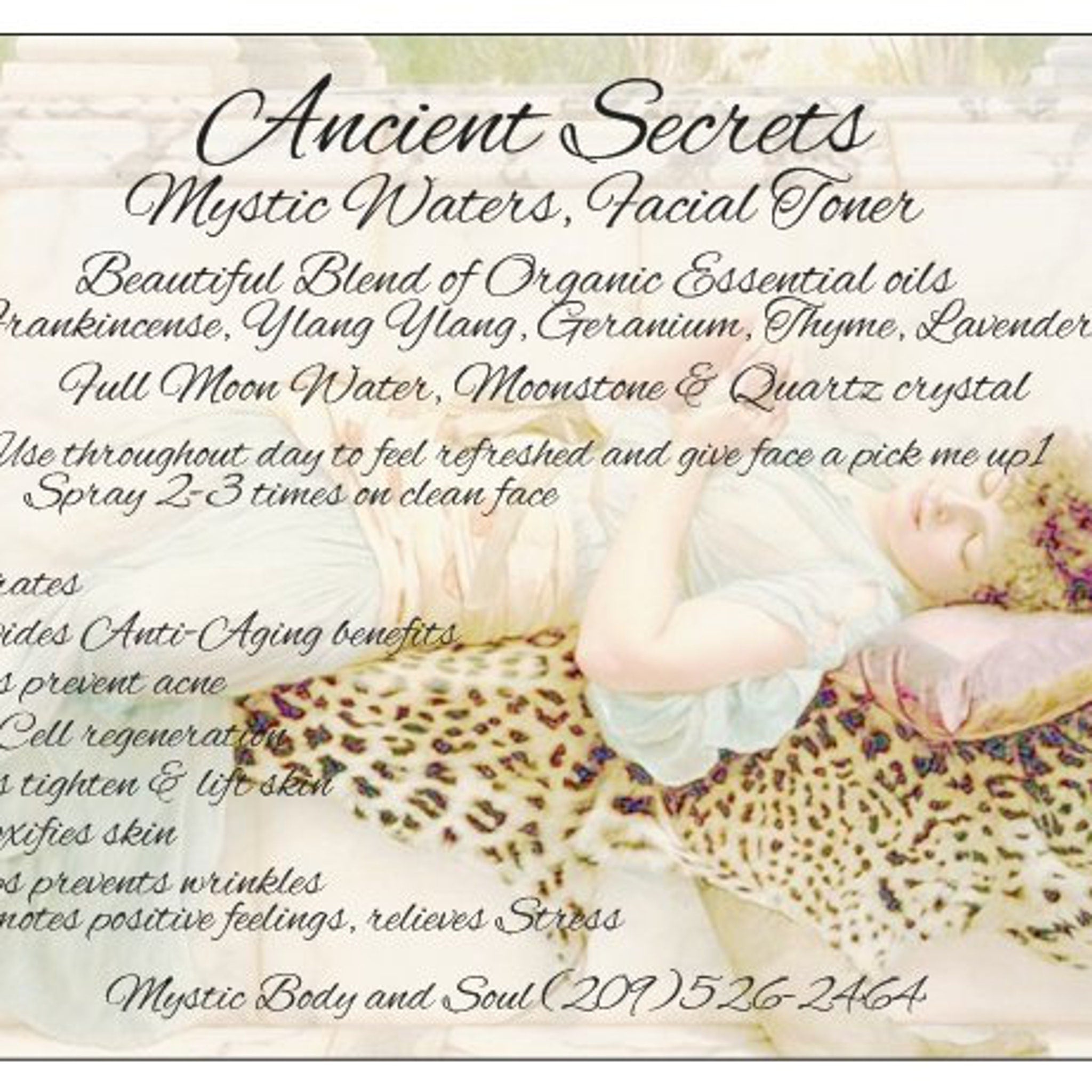 Facial toner with cream and leopard print, Mystic Body and Soul product shown