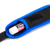 Lip balm holder, black neoprene pouch with blue trim, holding Chapstick tube