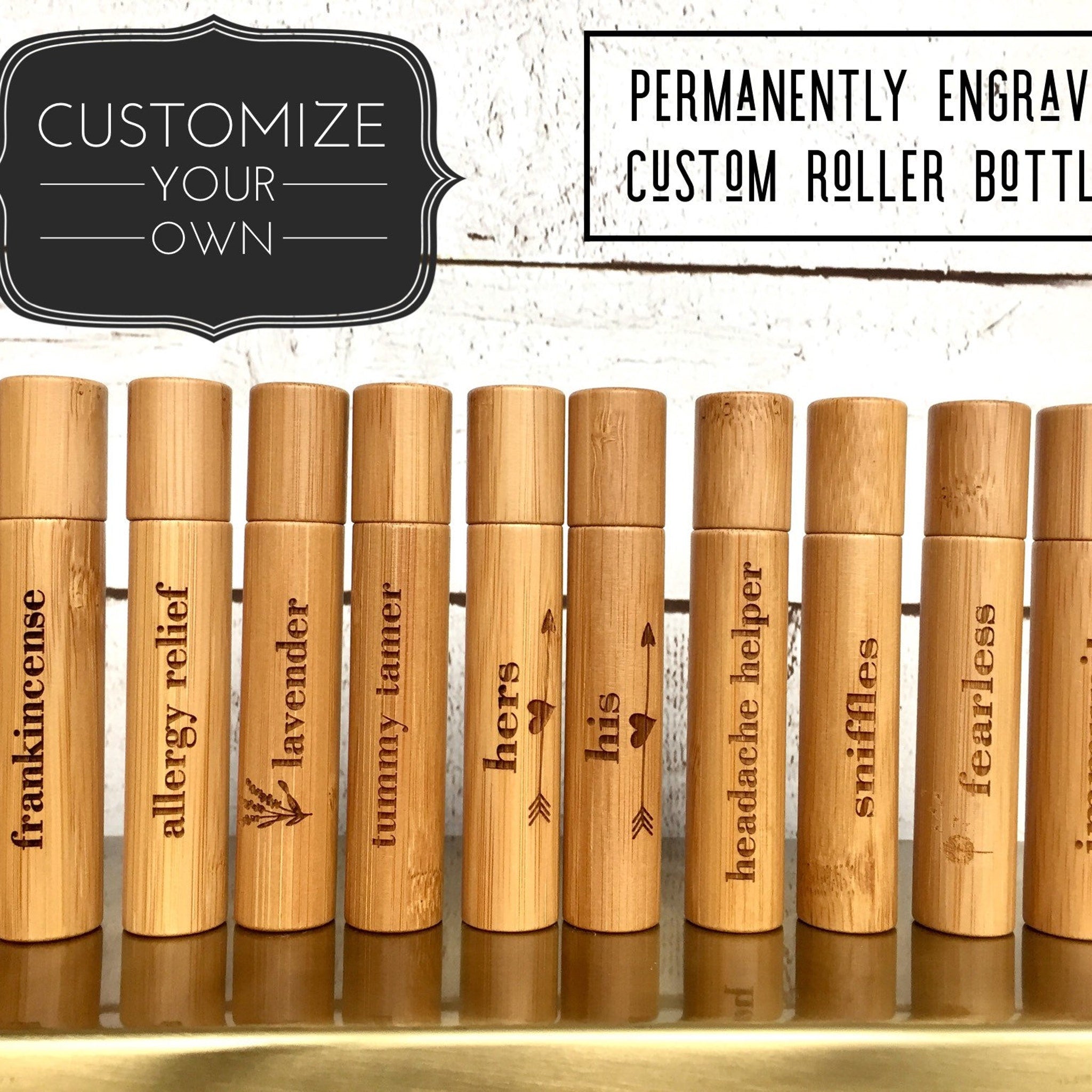 Essential oil roller bottles, natural bamboo, engraved text, The Wellness Lounge