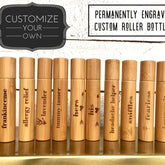Essential oil roller bottles, natural bamboo, engraved text, The Wellness Lounge