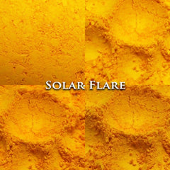 Solar Flare powder, textured yellow material, with "SOLAR FLARE" text overlay