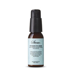 Eye serum bottle, brown glass, black pump top, Stem Organics label