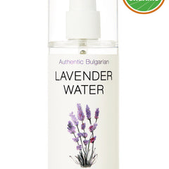 Lavender water bottle with white and transparent plastic, lavender flower illustration, and text "Lavender Water