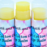 Lip balm tubes with yellow balm, pastel pattern, and Ancient Bath and Body text