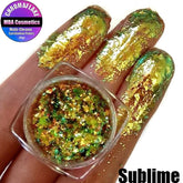 Close-up of Sublime Chromaflake eyeshadow flakes showing multichrome color shift in metallic packaging