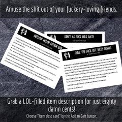 Bath bomb product image with black and white text on white paper, angled on a stone background