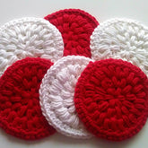 Reusable makeup pads, red and white crocheted, round cloth wipes