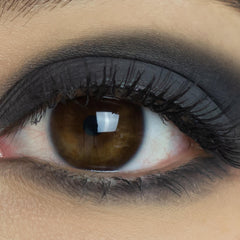 Eye with brown iris, black eyeshadow, and dark eyelashes close-up