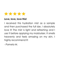 Customer review with five yellow stars and black text on white background