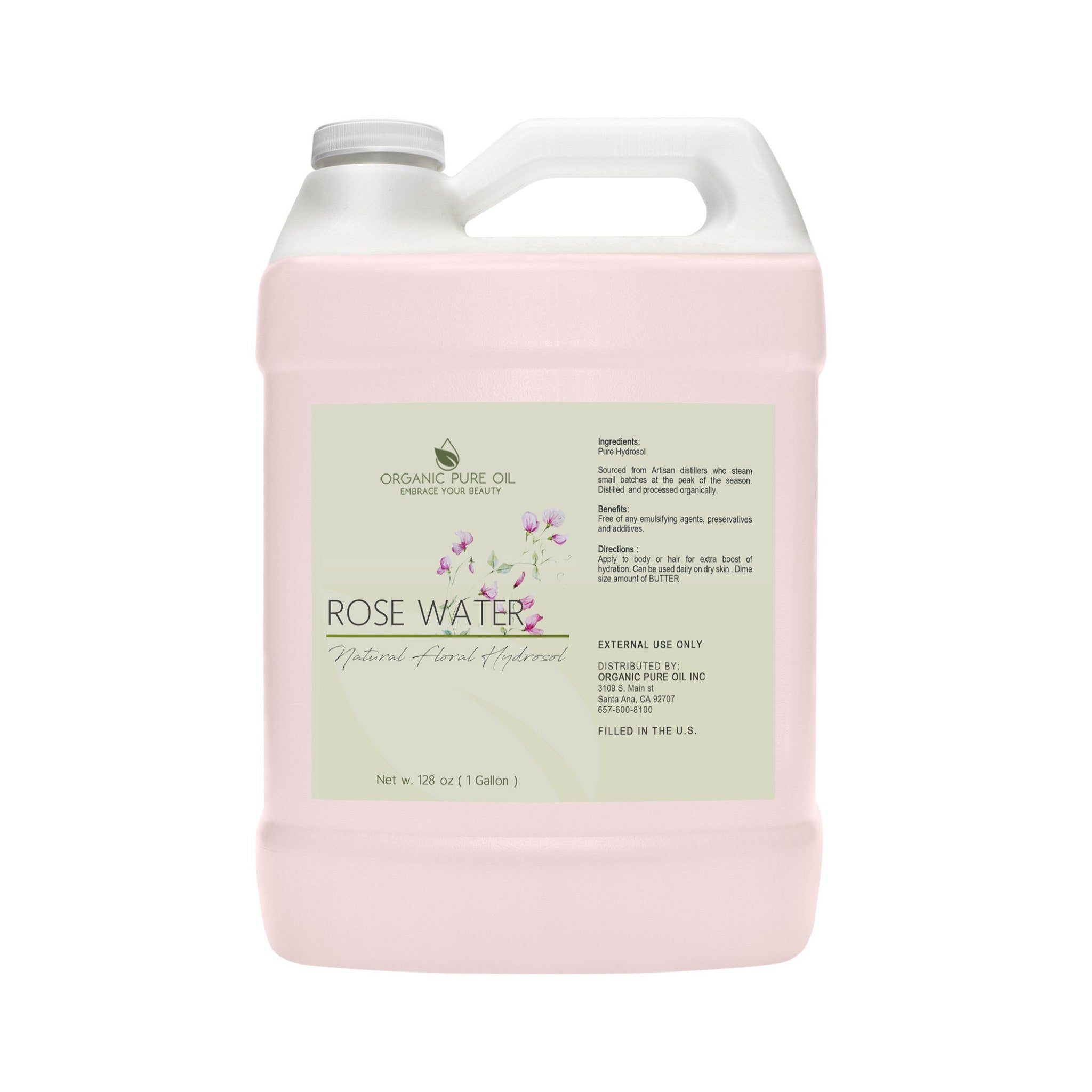 Rose water hydrosol bottle, pink plastic container with white handle, Organic Pure Oil brand