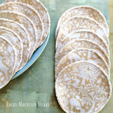 Facial rounds, beige woodland print cotton, white stitched edge, Rocky Mountain Herbs brand
