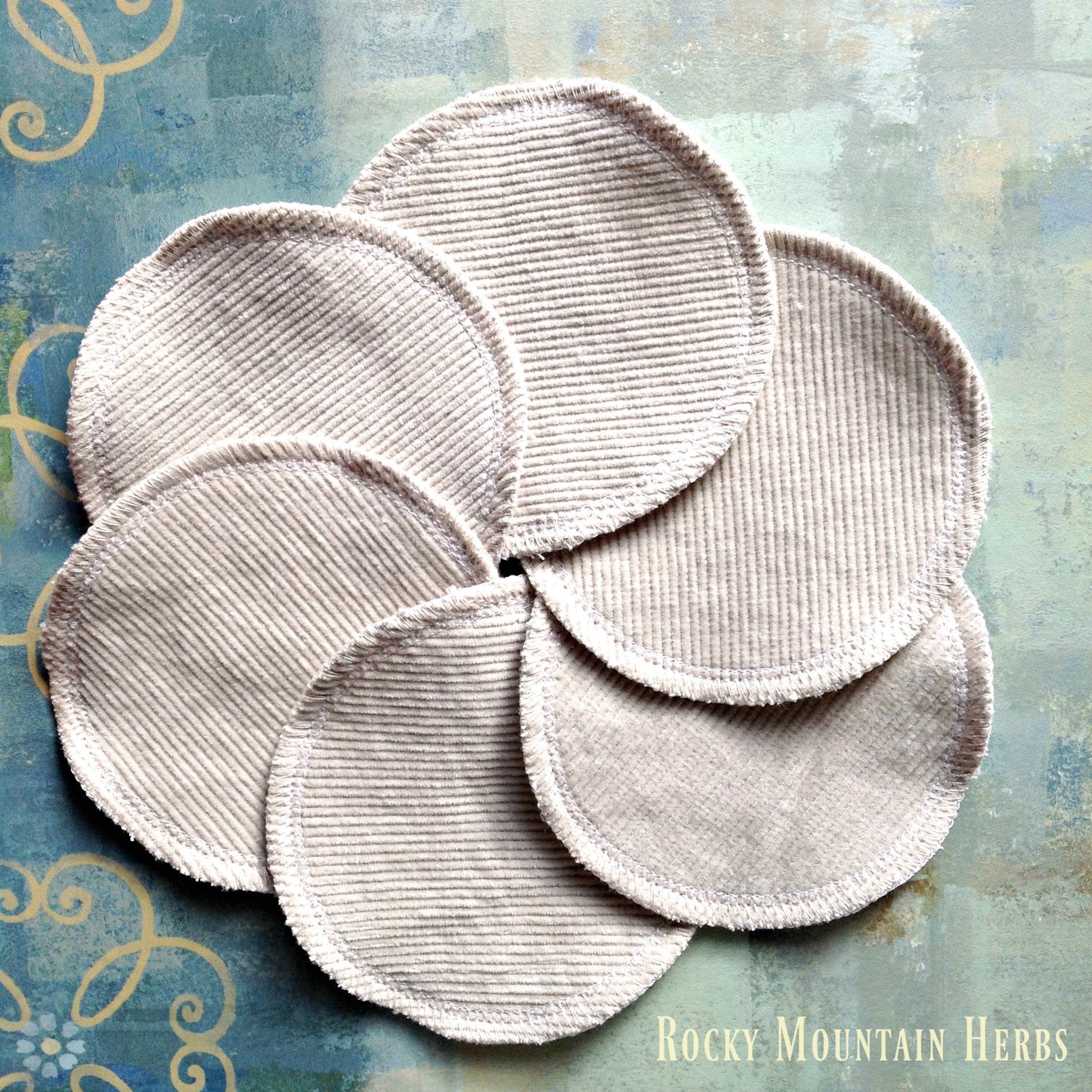 Cotton facial rounds, light beige corduroy, circular shape, Rocky Mountain Herbs brand