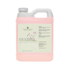 Rose Glycerin bottle, pink liquid, white plastic bottle, Organic Pure Oil label visible
