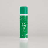 Mint lip balm, green and white tube, "Mint" text, floral accents
