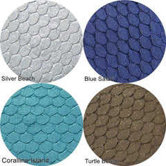 Eyeshadow swatches in silver, blue, teal, and brown with scale pattern, named Silver Beach, Blue Safari, Coralline Island, and Turtle Beach