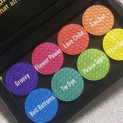 Eyeshadow palette with colorful round pans, textured surface, and white text labels