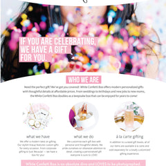Gift box advertisement with pink text and confetti, featuring White Confetti Box brand