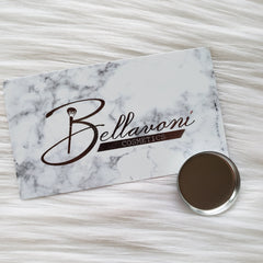 Bellavoni Cosmetics card with marble pattern and brand logo next to a silver compact