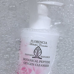 Facial cleanser bottle in white and pink with Florencia brand and bubbles around it