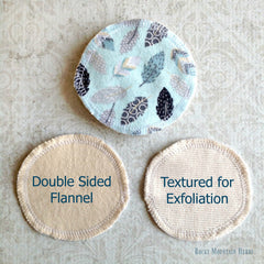 Reusable facial rounds, feather pattern, light blue and gray, with white stitched edges, Rocky Mountain Herbs brand
