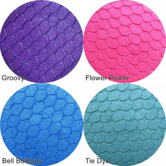 Purple eyeshadow with honeycomb pattern, "Groovy" text