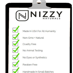 NIZZY NATURALS checklist graphic with black border, green checkmarks, and white background.
