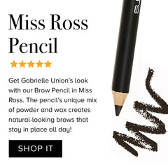 Brow pencil with black casing, wood tip, and dark brown strokes on white background
