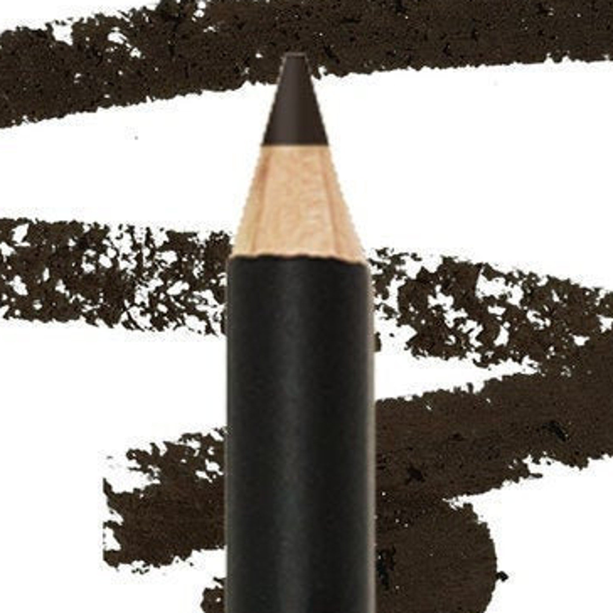 Brow pencil with black and tan color, pencil shape, and dark brown strokes next to it