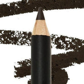 Brow pencil with black and tan color, pencil shape, and dark brown strokes next to it