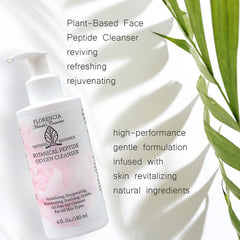 Peptide cleanser bottle, white plastic, pink label, with "FLORENCIA" text and green leaves