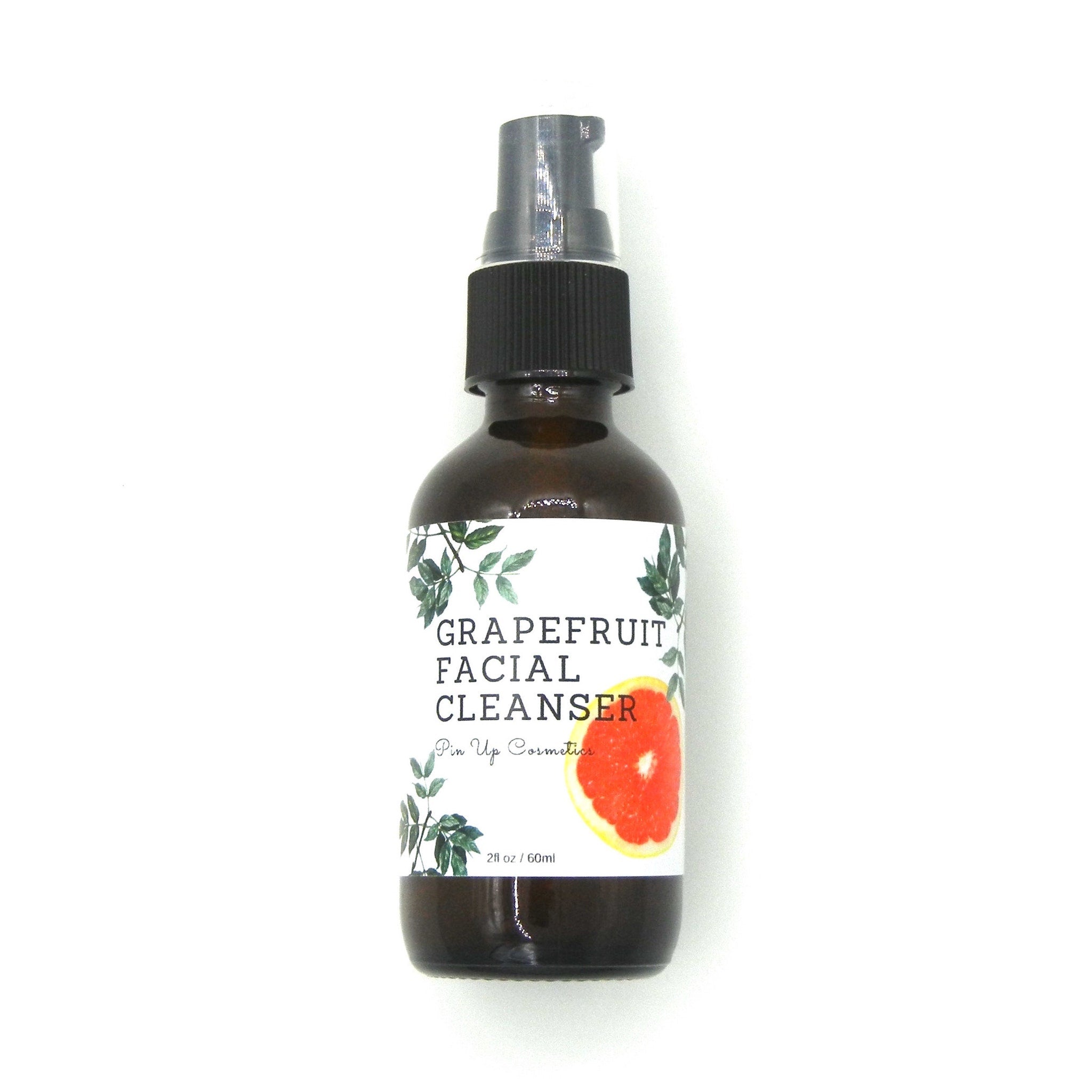Facial Cleanser bottle, brown glass, black pump, with label and grapefruit image