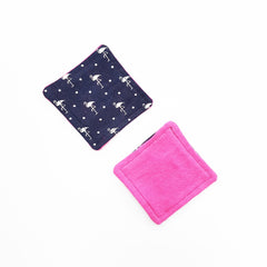 Coasters, navy blue flamingo print and pink fabric, square shape, two pieces