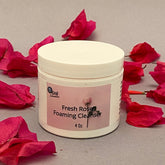 Facial Cleanser white jar with pink label, red flower petals, Fresh Rose Foaming Cleanser