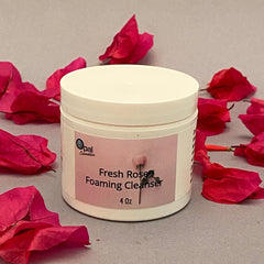 Facial Cleanser white jar with pink label, red flower petals, Fresh Rose Foaming Cleanser