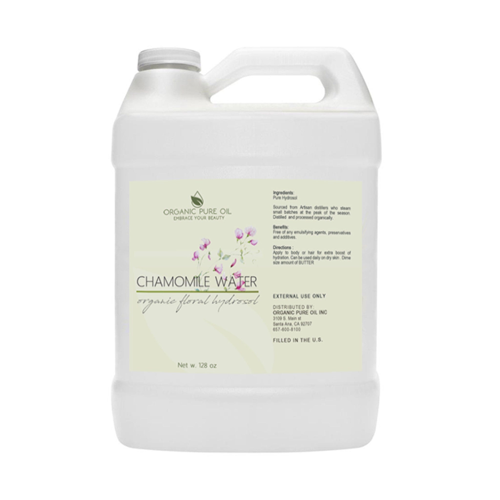 Chamomile Water Toner, white plastic jug with handle, label with brand name