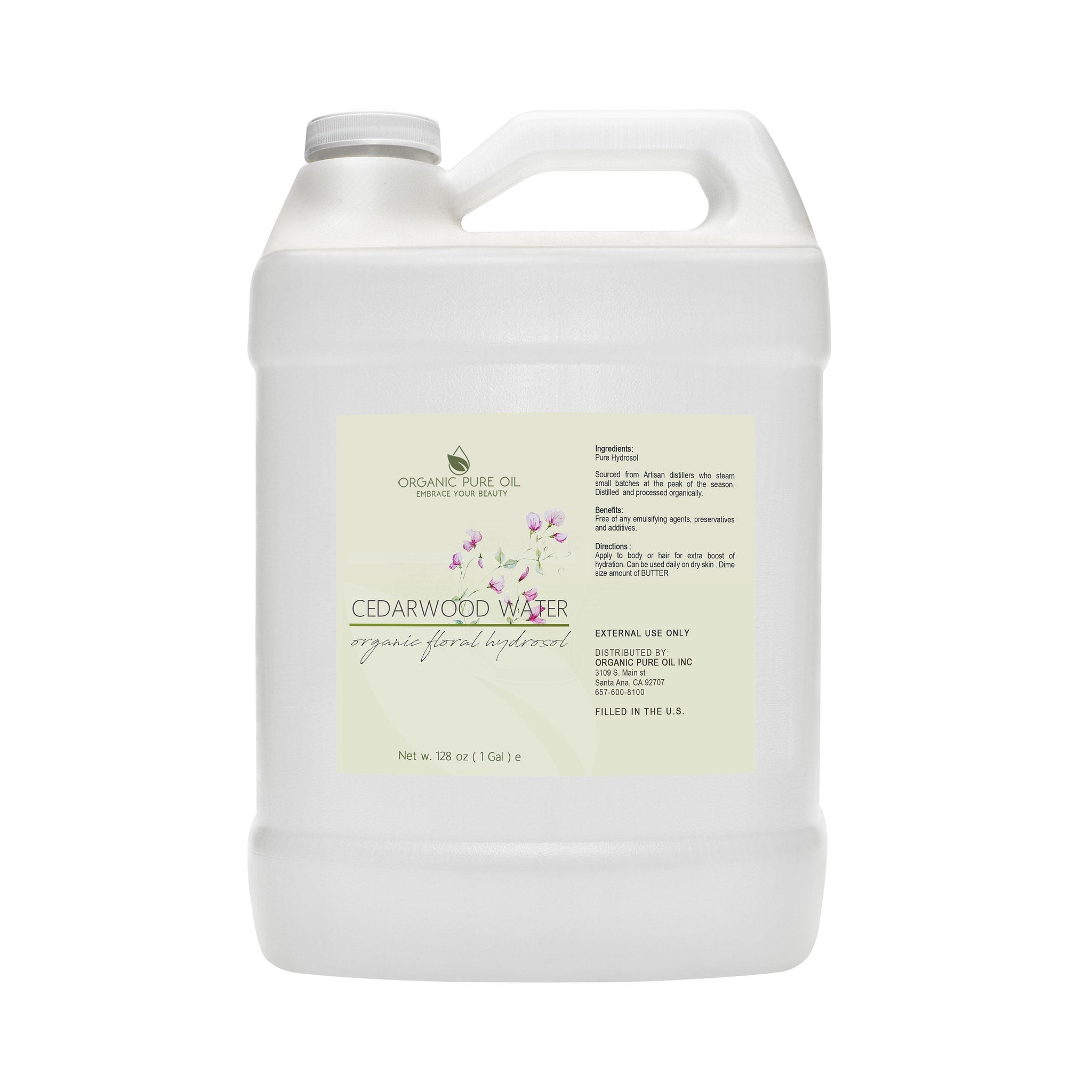 Cedarwood Water Hydrosol, white plastic jug with handle, Organic Pure Oil brand label