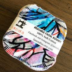 Reusable facial rounds with colorful patterned fabric and white stitching, LanCraftUS brand