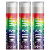 Lip balm tubes with tie dye pattern and white text reading "Love is Love" by Delight Naturals