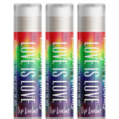 Lip balm tubes with tie dye pattern and white text reading "Love is Love" by Delight Naturals