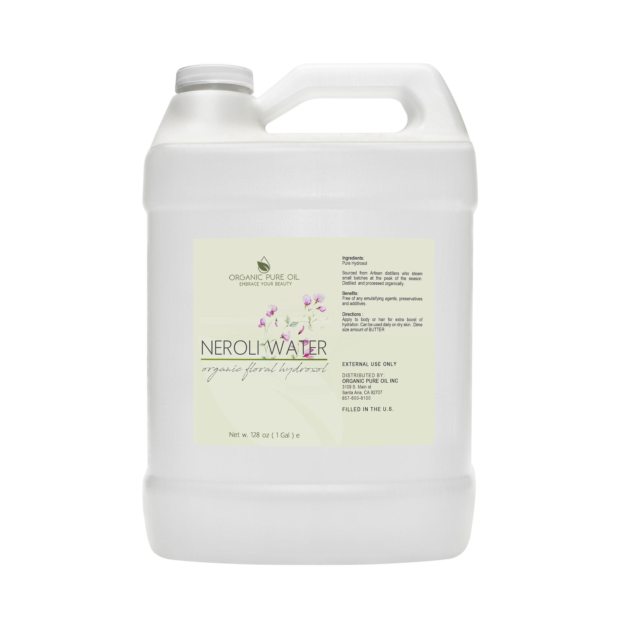 Toner bottle, white plastic jug with handle, Organic Pure Oil brand label