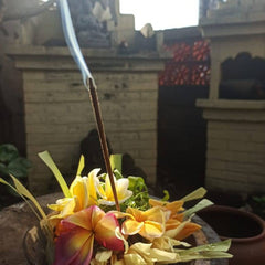 Incense stick with blue smoke, brown stick, and yellow and pink flowers in a bowl