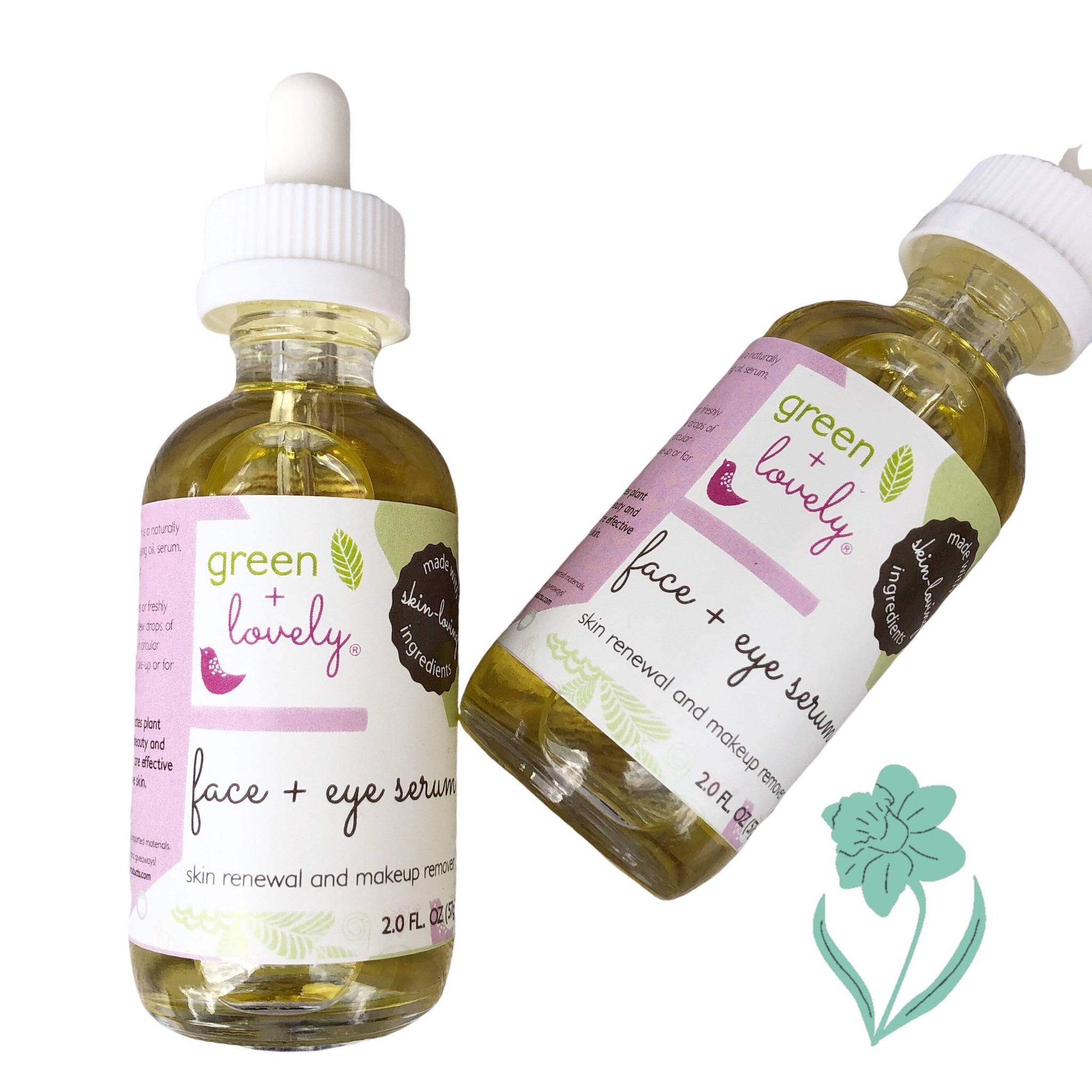 Eye serum bottle with clear glass, white cap, and "green + lovely" label